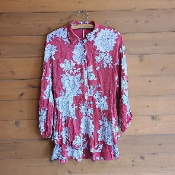 Free People Dress Shake It Mini XS Red Floral Cottagecore Boho Flowy Shirtdress - Picture 2 of 5